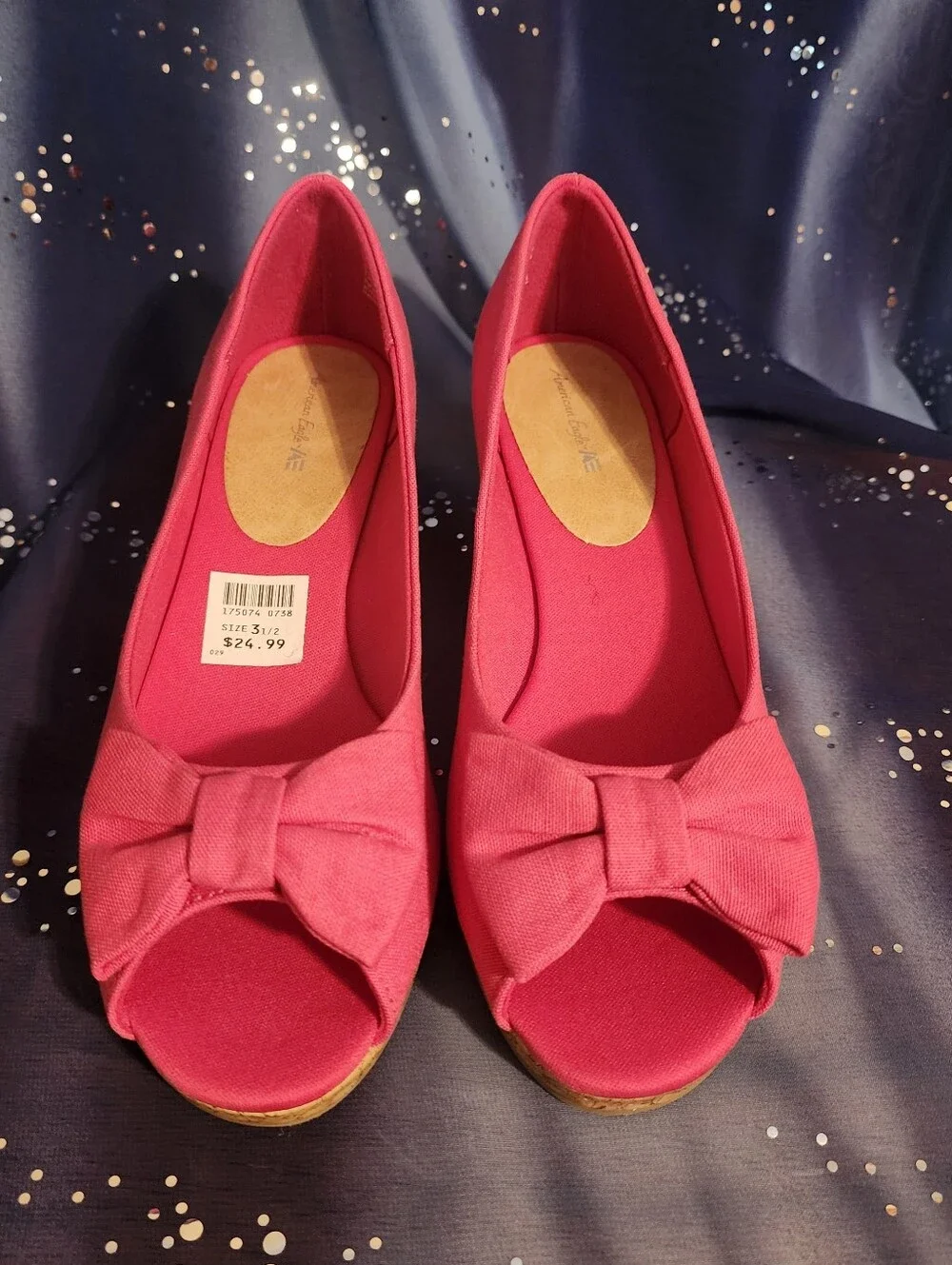 Girls Pink Bow Peep-Toe Wedge Flats  size 3 1/2